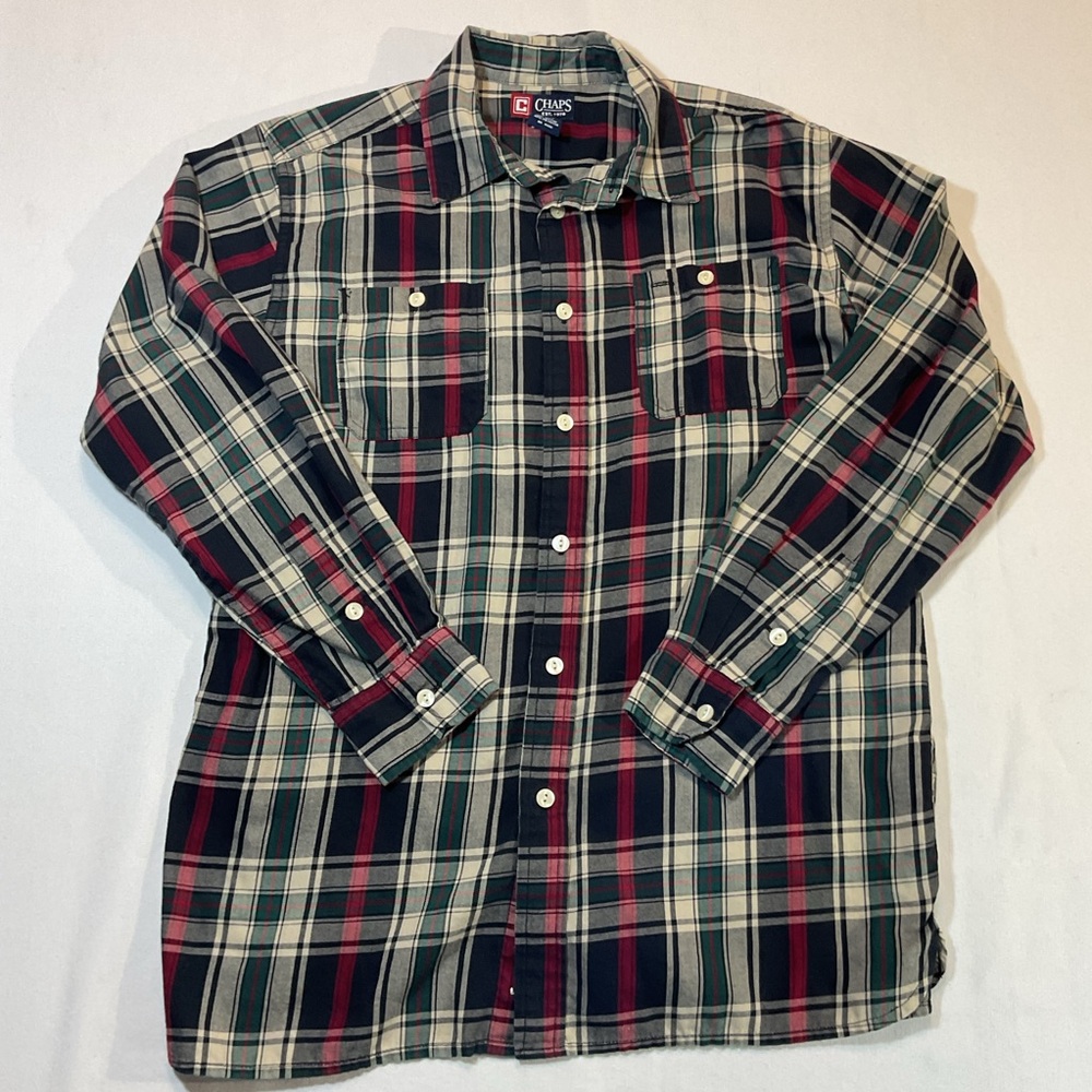 Chaps Boys Flannel Button Up Red/Navy Plaid Size Lβ 14-16 Collar
